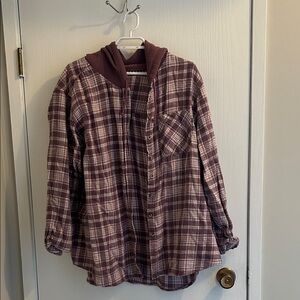 Plaid Button Down Shirt with Hood